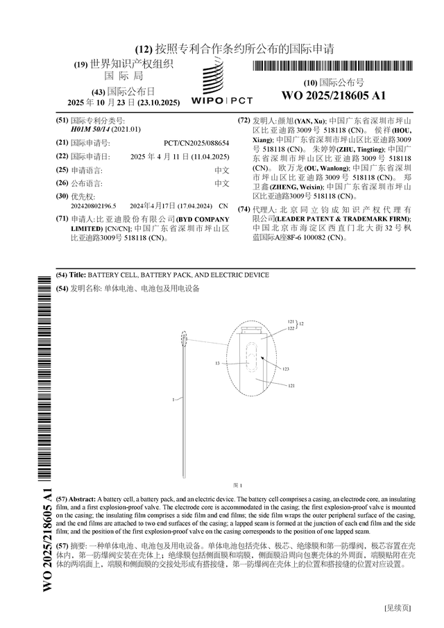比亞迪公布國(guó)際專利申請(qǐng)：“單體電池、電池包及用電設(shè)備”