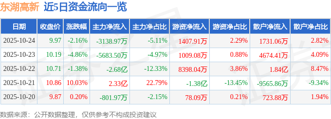 東湖高新（600133）10月24日主力資金凈賣出3138.97萬元