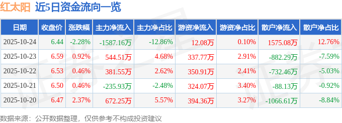 紅太陽（000525）10月24日主力資金凈賣出1587.16萬元