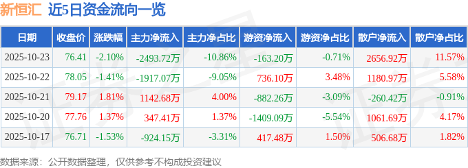 新恒匯（301678）10月23日主力資金凈賣(mài)出2493.72萬(wàn)元