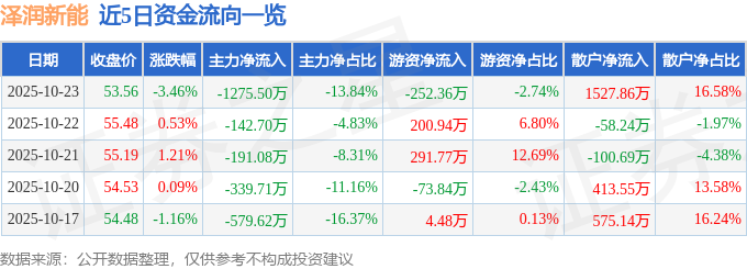 澤潤(rùn)新能（301636）10月23日主力資金凈賣(mài)出1275.50萬(wàn)元