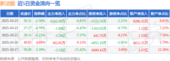 新潔能（605111）10月23日主力資金凈賣出6162.58萬元