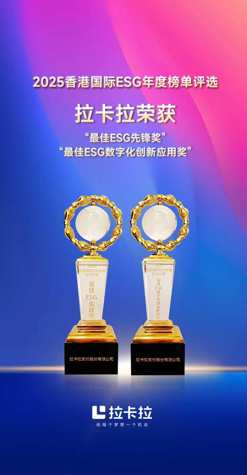 拉卡拉榮獲2025香港國際ESG年度榜單“最佳ESG先鋒獎(jiǎng)”“最佳ESG數(shù)字化創(chuàng)新應(yīng)用獎(jiǎng)”