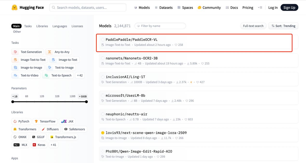 百度開源模型PaddleOCR-VL登頂HuggingFace Trending全球