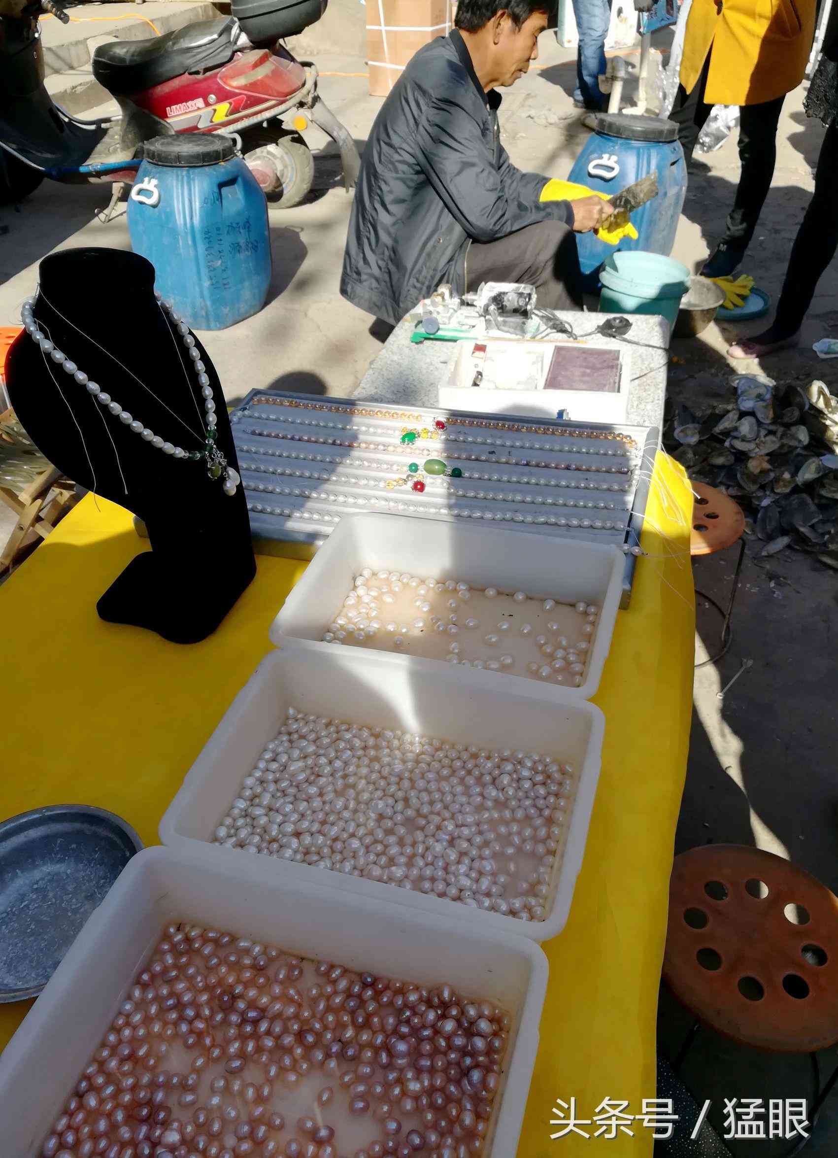 老人街頭賣北海珍珠，一顆兩元現(xiàn)撥現(xiàn)賣現(xiàn)加工，市民圍觀只看不買