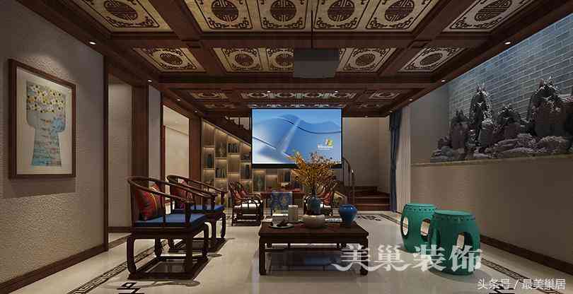 美巢山頂御景園188平裝修樣板間 當躍層洋房遇上中式擺件展示柜