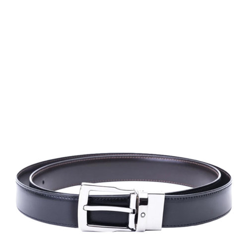 Mont Blanc/萬寶龍 男士黑棕拼色皮革經(jīng)典系列矩形閃亮鍍鈀針式腰帶皮帶 128138