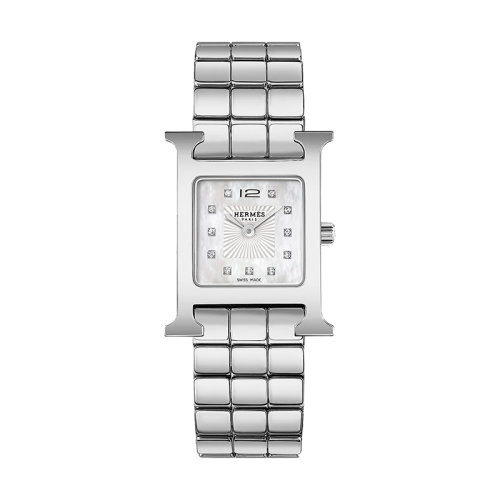 HERMES/愛(ài)馬仕      Heure H系列 女士石英機(jī)芯水晶白色天然珍珠母貝表盤精鋼表殼和表鏈腕表21x21毫米W053014WW00
