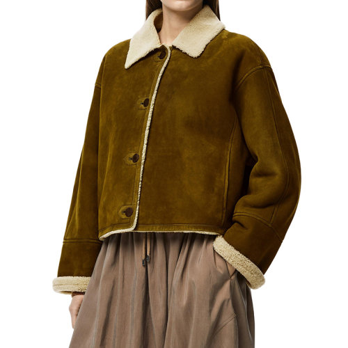 LOEWE/羅意威      女士米色/卡其綠色剪羊毛短款外套S359Y19L16-2277