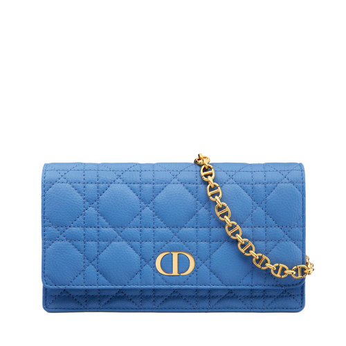 DIOR/迪奧 CARO系列 女士矢車菊藍色藤格紋小牛皮翻蓋CD徽標鏈條斜挎單肩手拿包腰包S5091UWHC_M03Z