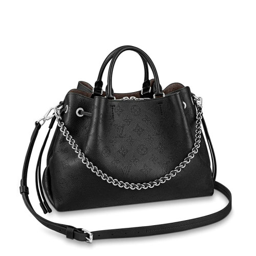 Louis Vuitton/路易威登 22春夏新款BELLA系列 女士黑色牛皮革鏤刻穿孔老花裝飾銀扣銀鏈抽繩開(kāi)合單肩斜跨手提鏈條包M59200