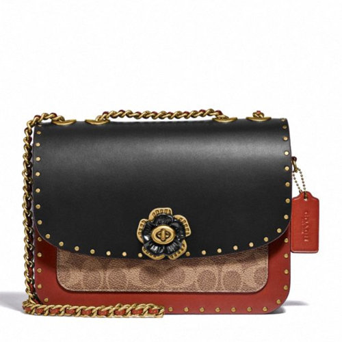 COACH/蔻馳【專柜款】 女士拼色經(jīng)典標(biāo)志帆布飾釘和蛇皮細(xì)節(jié)斜挎包單肩包女包 C3758B4NQ4