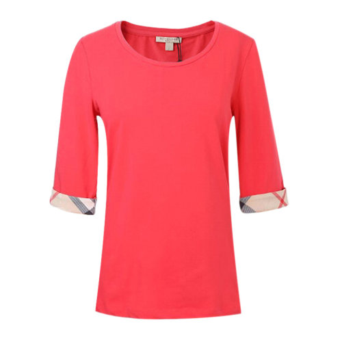 BURBERRY 博柏利 巴寶莉 女士 服裝  圓領(lǐng)紅色袖邊卡其格紋短袖T恤 女士短袖T恤