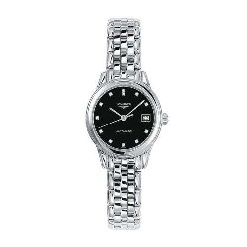 LONGINES/浪琴 軍旗系列 自動(dòng)機(jī)械鑲鉆鋼鏈黑色表盤女表26毫米L4.274.4.57.6