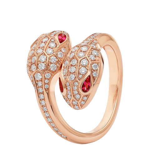 BVLGARI/寶格麗 SERPENTI SEDUTTORI系列 18K金玫瑰金紅碧璽眼睛雙蛇頭密釘鉆石358086