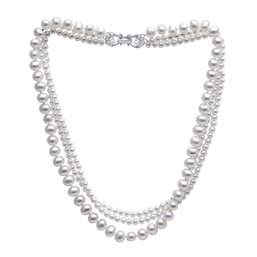 zhuella/珠艾樂 經(jīng)典三圈 天然淡水珍珠項(xiàng)鏈吊墜 銀鍍白金鑲嵌鋯石扣