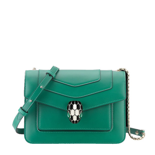 BVLGARI/寶格麗 SERPENTI FOREVER系列女士翡翠綠色小牛皮琺瑯蛇首翻蓋包鏈條包單肩包斜挎包女包 289673