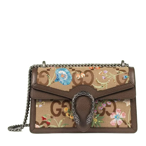 GUCCI/古馳 22新款Dionysus系列 女士小號棕色老花帆布皮革飾滾邊刺繡花卉圖案銀扣單肩斜跨酒神包400249UKMLN2572