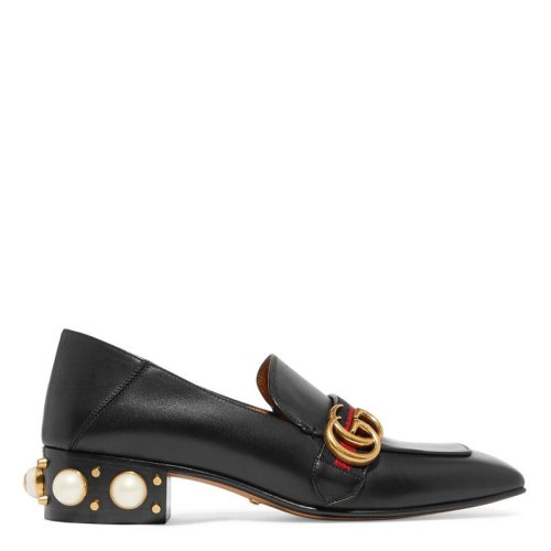 GUCCI/古馳 Marmont女士黑色皮革后尾珍珠雙G扣中跟鞋 423559DKHC01061