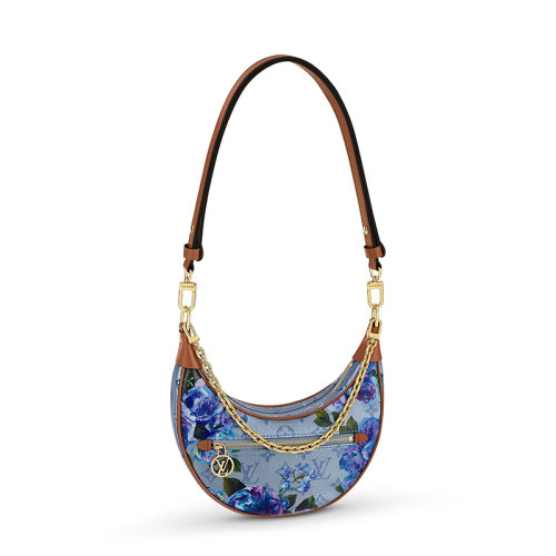 Louis Vuitton/路易威登 22新款LOOP系列 女士藍色帆布飾花朵印花棕色皮革滾邊細節(jié)金扣金鏈單肩斜跨手提半月法棍腋下包M21183