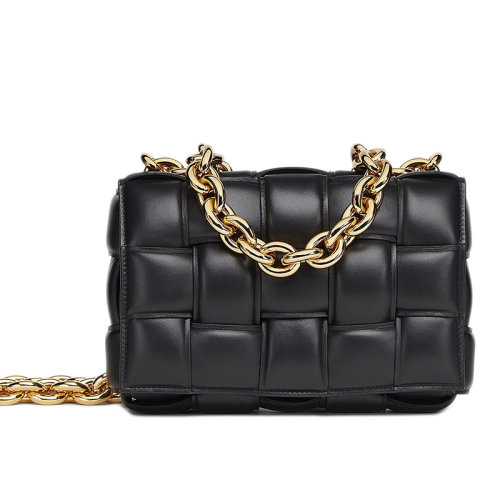 Bottega Veneta/葆蝶家 CHAIN CASSETTE系列 黑色小羊皮編織鏈條單肩斜挎包631421VBWZ08425