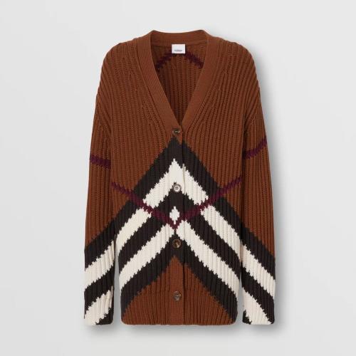  BURBERRY 22年秋冬 女士 V 形格紋羊絨混紡開衫 80557301