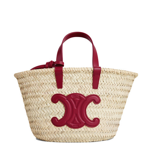 CELINE/賽琳 22新款TEEN TRIOMPHE系列 女士胭脂紅色牛皮革棕櫚葉編織凱旋印花手提單肩籃子包194002CGG.27CA