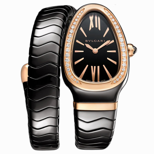BVLGARI/寶格麗 黑色陶瓷表殼 18K金玫瑰金表圈鑲有明亮式切割鉆石和黑色陶瓷螺旋表鏈 黑色烤漆表盤 SERPENTI SPIGA石英手表 35毫米102532