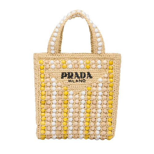 PRADA/普拉達(dá) 22新款 女士彩色木球編織拉菲草木質(zhì)手柄刺繡字母手提托特包1BG425_2FJ0_F0018_V_OOO