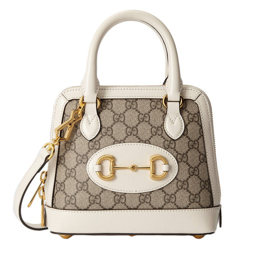 GUCCI/古馳  Horsebit 1955系列 老花帆布搭配白色皮革飾有金色馬銜扣迷你單肩手提包 64071692TCG9761