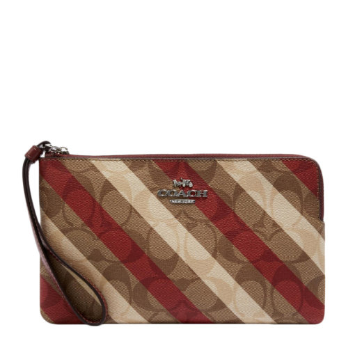 COACH/蔻馳 女士拼色PVC/配皮經(jīng)典標(biāo)志帆布頂部拉鏈封口斜條紋零錢包腕包手拿包 C1715SVOT8