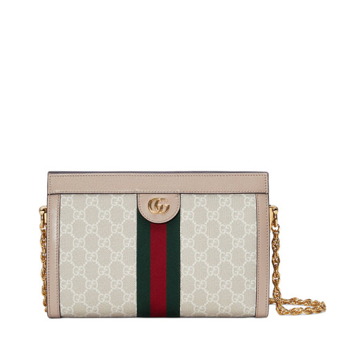 GUCCI/古馳 22春夏新款Ophidia系列 女士小號米白色老花帆布燕麥色皮革滾邊紅綠織帶金色鏈?zhǔn)絾渭绨?03877UULAG9682