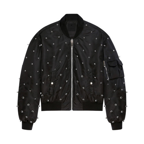 Givenchy/紀(jì)梵希 22年秋冬新款 女士黑色/銀色尼龍飾有通體珍珠水晶刺繡拉鏈開合長(zhǎng)袖飛行員夾克BW00HGE40V-008