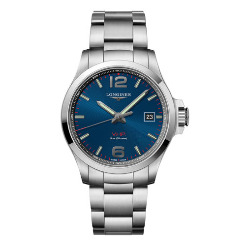 LONGINES/浪琴 康卡斯VHP系列 石英表藍(lán)盤(pán)精鋼表殼鋼鏈男表43毫米L3.726.4.96.6