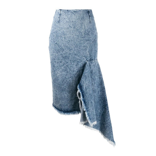 Balenciaga/巴黎世家  女裝 服飾 水洗藍(lán)棉質(zhì)時(shí)尚開叉綁帶牛仔裙女士半身裙