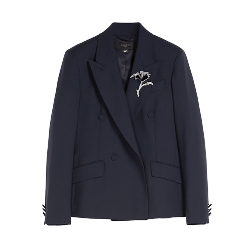 MaxMara/麥絲瑪拉 22年早春新款 SPIGA系列 女士深藍(lán)色羊毛混紡帆布西裝外套夾克5041062706001