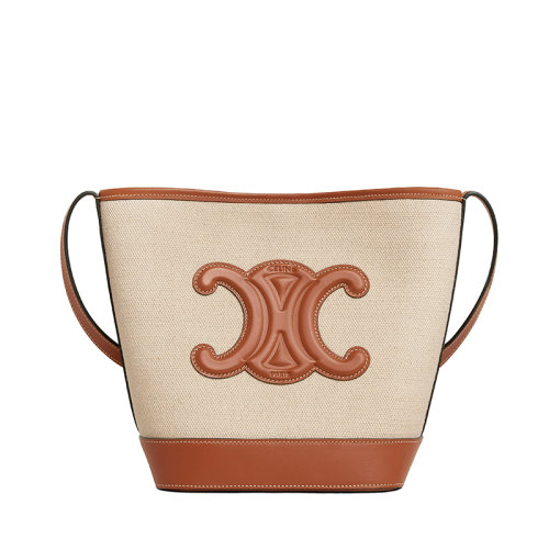 CELINE/賽琳 22新款TRIOMPHE系列 女士小號自然色/棕褐色織物配皮飾凱旋徽標單肩手提水桶包198242EFL.02NT