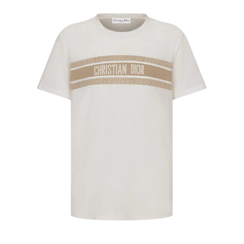 DIOR/迪奧 22年早春新款 女士白色棉質(zhì)混紡拼金色金屬光澤線LOGO短袖T恤213T04A4494_X1998