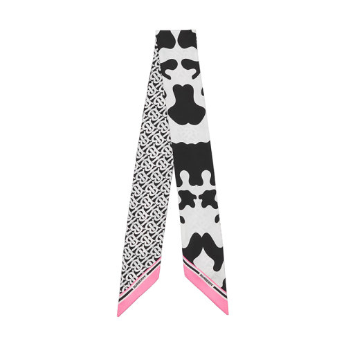 BURBERRY/博柏利 22年早春新款 女士黑色/白色桑蠶絲老花拼抽象印花窄版絲巾80536601