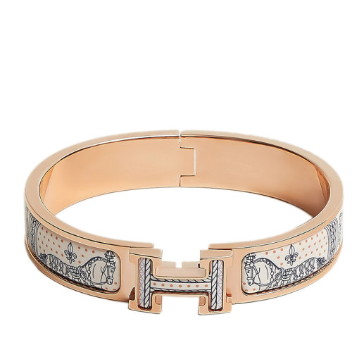 HERMES/愛馬仕 經典款Clic H系列 丁香紫色琺瑯“盛宴”圖案印花鍍玫瑰金飾面H標識手鐲 H702410FOD1