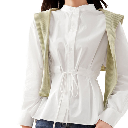 GeleiStory/GeleiStory 夏季新款簡單干凈的法式襯衫抽繩收腰立領(lǐng)純棉襯衣女裝上衣 女士長袖襯衫