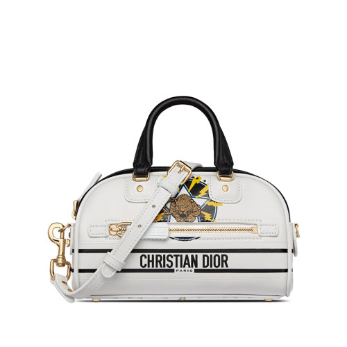 DIOR/迪奧 22新款ZIP BOWLING系列 女士白色小牛皮多色豹子印花標(biāo)志對比肩背斜挎手提拉鏈包S6200OFAZ_M09E