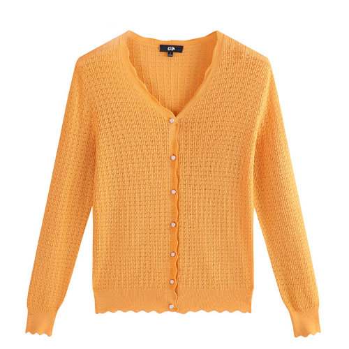 SHOKAY/繡嘉女士針織衫/毛衣 花邊V領(lǐng)鏤空紋針織開衫