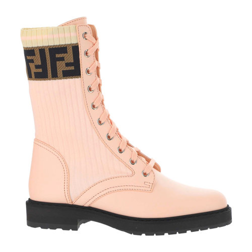 Fendi/芬迪 女士拼色織物配皮經(jīng)典雙F字母徽標提花裝飾馬丁靴短筒靴短靴踝靴女靴 8T6780-A3H4-F1C3A