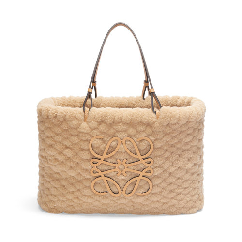 LOEWE/羅意威 22秋冬新款 女士駝色羊毛皮掛鉤緊固配牛皮肩帶肩背手提籃子包A223T43X20-3150