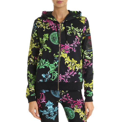 VERSACE JEANS/范思哲牛仔 女士拼色棉質(zhì)全彩色巴洛克印花拉鏈開合長袖上衣外套連帽衫運(yùn)動(dòng)衫 B6HUB784-SL300-899