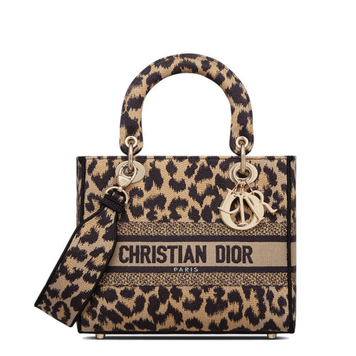 DIOR/迪奧  LADY D-LITE系列 女士中號米色拼色Mizza圖案豹紋刺繡單肩斜挎手提戴妃包M0565ORHM_M918