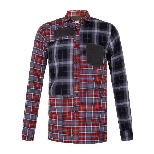 Lanvin/浪凡 翻領(lǐng) 長(zhǎng)袖 紅灰色格紋 補(bǔ)丁裝飾 男士長(zhǎng)袖襯衫