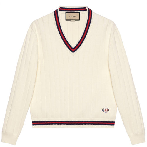 GUCCI/古馳 男士象牙色織帶棉質針織V領毛衣653626XKBUR9182