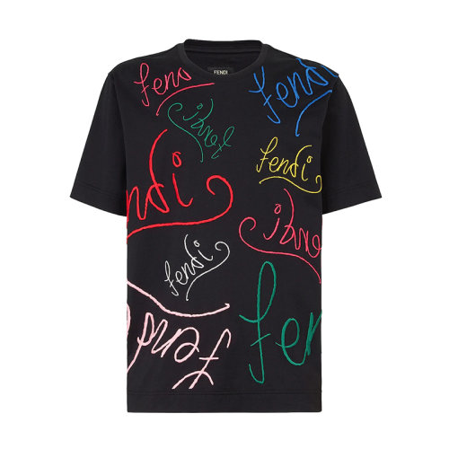 FENDI/芬迪 22年早春新款 男士黑色純棉彩色Logo銘文短袖T恤FY0936AH0VF0BHU